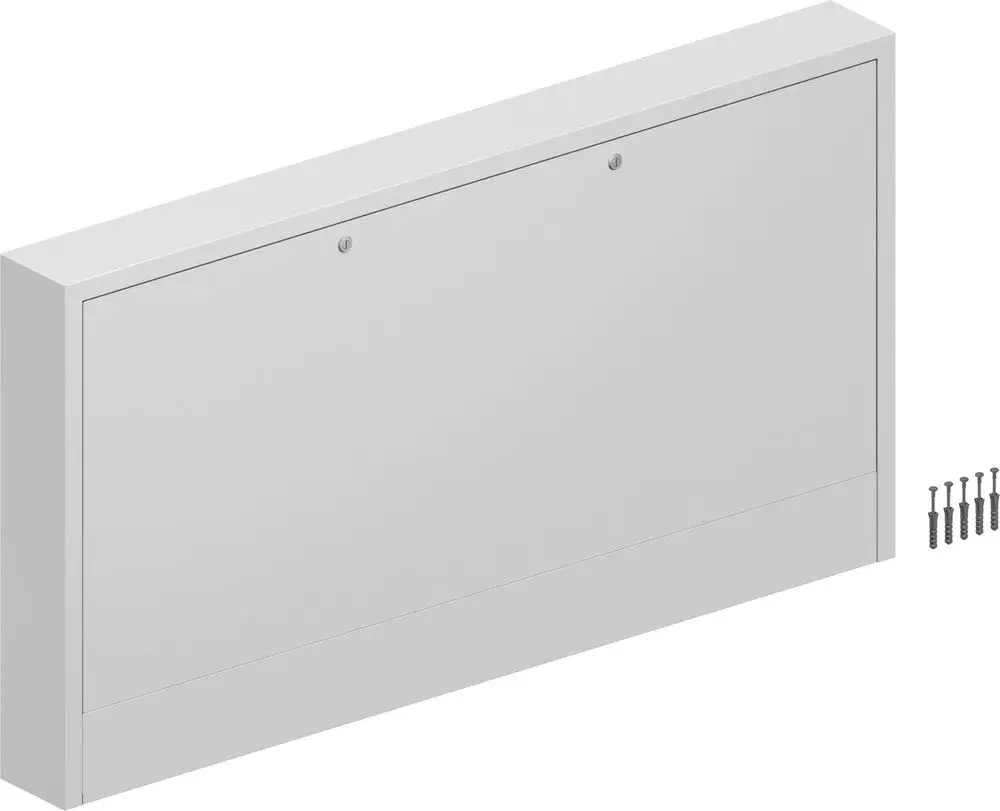 Grauer Vario-Verteilerschrank von Uponor, rechteckige Form mit einer glatten Oberfläche und zwei Schraublöchern, daneben mehrere Schrauben.